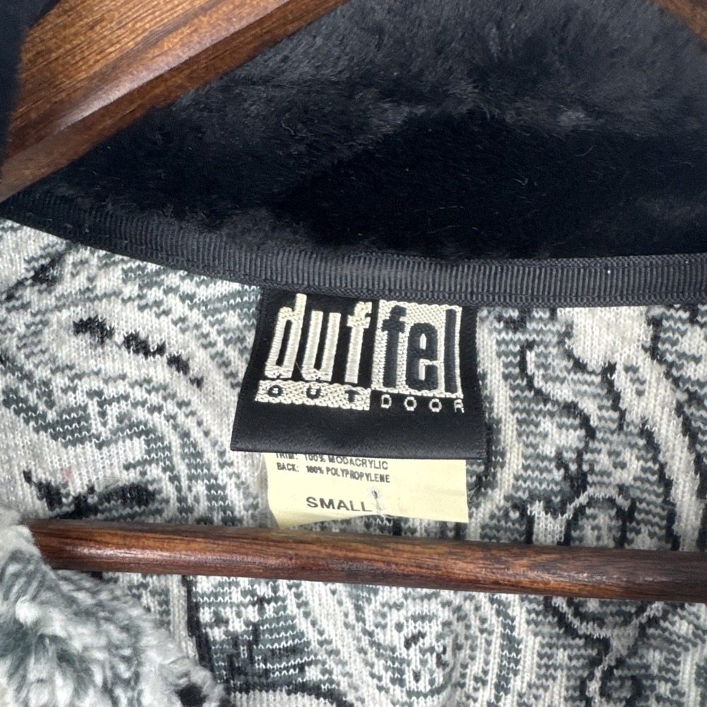 Vintage Duffel Outdoor Jacket Womens Small Black White Paisley Faux Fur Fleece - Picture 6 of 10